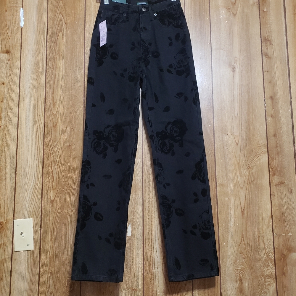Jeans Black On Black Floral Sz 00 Flocked High Rise Straight Leg Denim Cotton